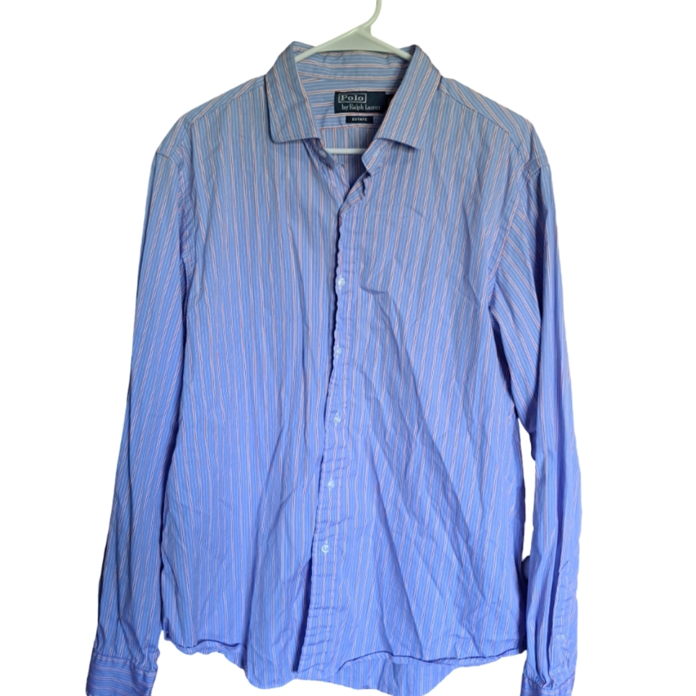 Polo Ralph Lauren Dress Shirt Mens Size 17 36/37 Blue/Red Estate Stripe Casual